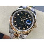 Datejust series men's watch, diamond-set black dial, gold bezel, 41mm, two-tone Oyster bracelet.