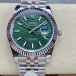 Log series men's watch, wave pattern green dial, silver bezel, 41mm, silver five-link bracelet.