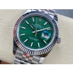 Log series men's watch, wave pattern green dial, silver bezel, 41mm, silver five-link bracelet.