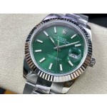 Datejust series men's watch, green dial, silver bezel, 41mm, silver Oyster bracelet.