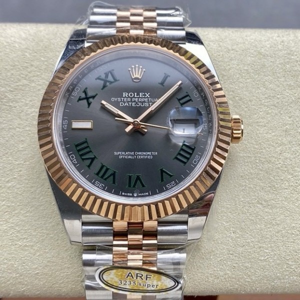 Datejust series men's watch, dark gray dial, rose gold bezel, 41mm, two-tone five-link bracelet.