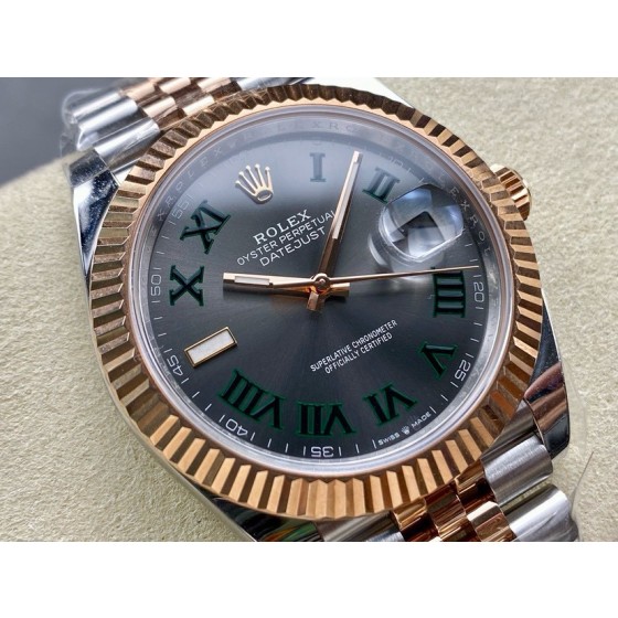 Datejust series men's watch, dark gray dial, rose gold bezel, 41mm, two-tone five-link bracelet.