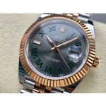 Datejust series men's watch, dark gray dial, rose gold bezel, 41mm, two-tone five-link bracelet.