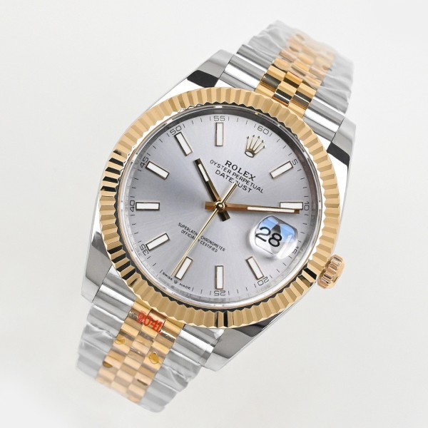 Datejust series men's watch, silver dial, gold bezel, 41mm, two-tone five-link bracelet.
