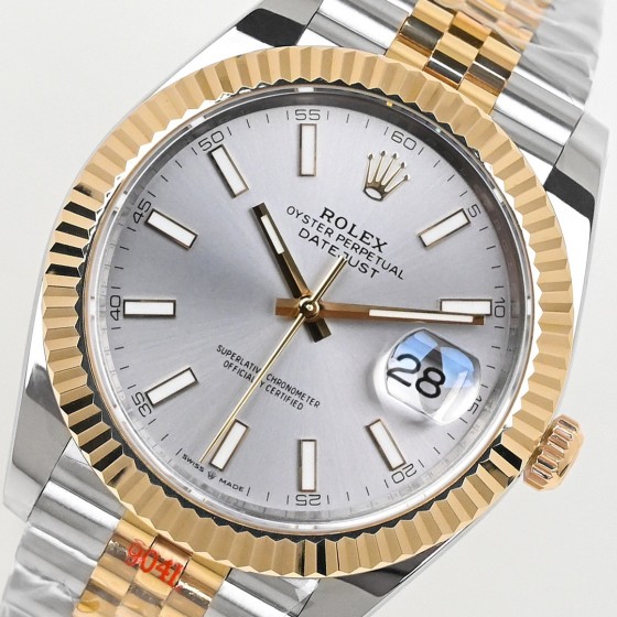 Datejust series men's watch, silver dial, gold bezel, 41mm, two-tone five-link bracelet.