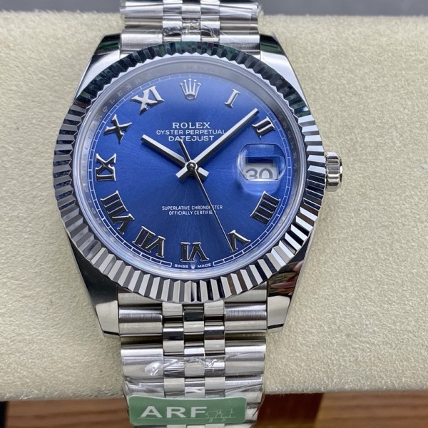 Datejust series men's watch, blue dial, silver bezel, 41mm, silver five-link bracelet.
