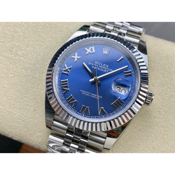 Datejust series men's watch, blue dial, silver bezel, 41mm, silver five-link bracelet.