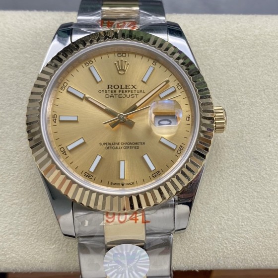 Datejust series men's watch, gold dial, gold bezel, 41mm, two-tone Oyster bracelet.