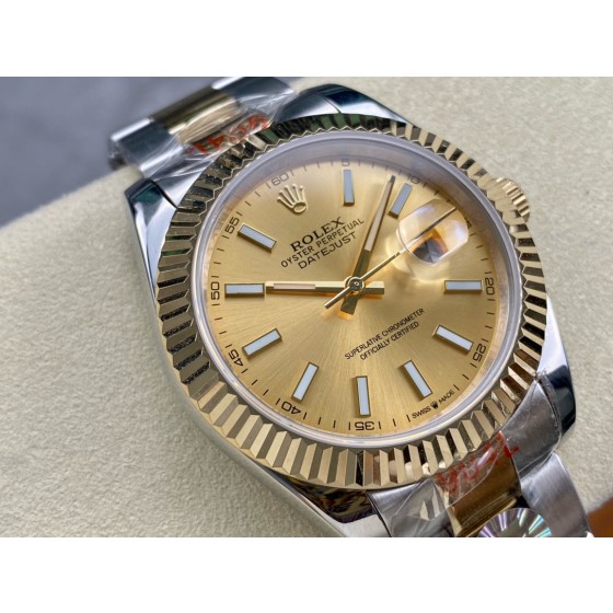 Datejust series men's watch, gold dial, gold bezel, 41mm, two-tone Oyster bracelet.