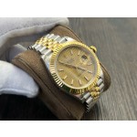 Datejust series men's and women's watches with wave pattern gold dial, gold bezel, 36mm and 41mm sizes, and two-tone five-link bracelet.