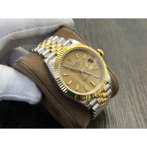 Datejust series men's and women's watches with wave pattern gold dial, gold bezel, 36mm and 41mm sizes, and two-tone five-link bracelet.