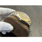 Datejust series men's and women's watches with wave pattern gold dial, gold bezel, 36mm and 41mm sizes, and two-tone five-link bracelet.