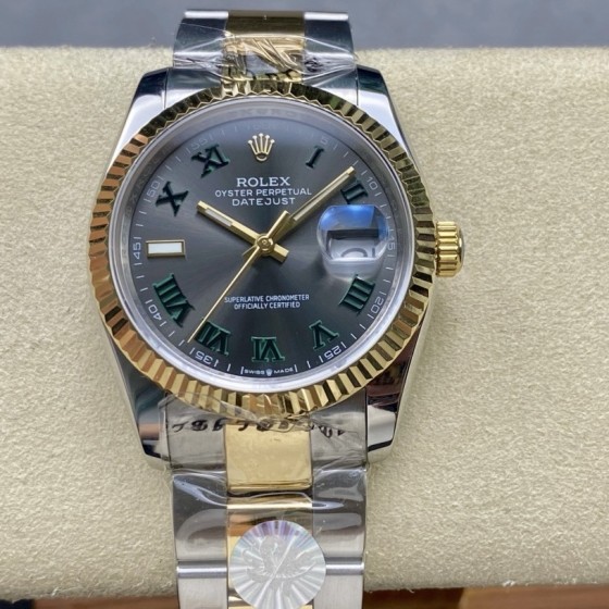 Datejust series men's and women's watches, dark gray dial, gold bezel, 36 and 41mm sizes, two-tone Oyster bracelet.
