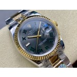 Datejust series men's and women's watches, dark gray dial, gold bezel, 36 and 41mm sizes, two-tone Oyster bracelet.