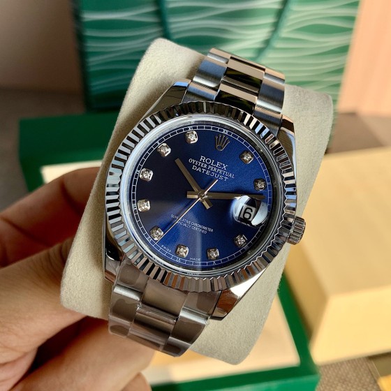 Datejust series men's and women's watches with diamonds, blue dial, silver bezel, 36mm and 41mm sizes, silver Oyster bracelet.