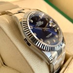 Datejust series men's and women's watches with diamonds, blue dial, silver bezel, 36mm and 41mm sizes, silver Oyster bracelet.