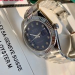 Datejust series men's and women's watches with diamonds, blue dial, silver bezel, 36mm and 41mm sizes, silver Oyster bracelet.