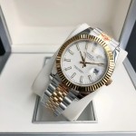 Log series men's watch, white dial, gold bezel, 41mm, two-tone five-link bracelet.