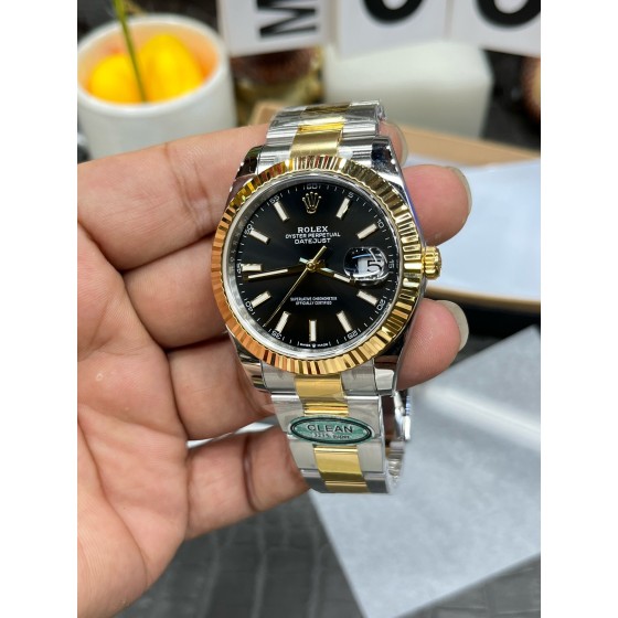 Datejust series men's watch, black dial, gold bezel, 41mm, two-tone Oyster bracelet.
