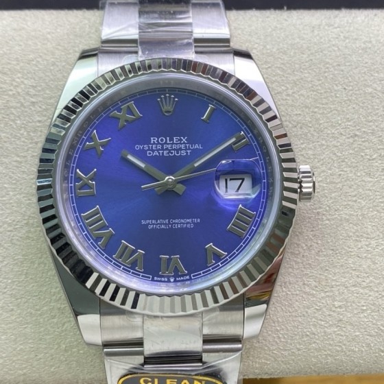 Datejust series men's watch, blue dial, silver bezel, 41mm, silver Oyster bracelet.