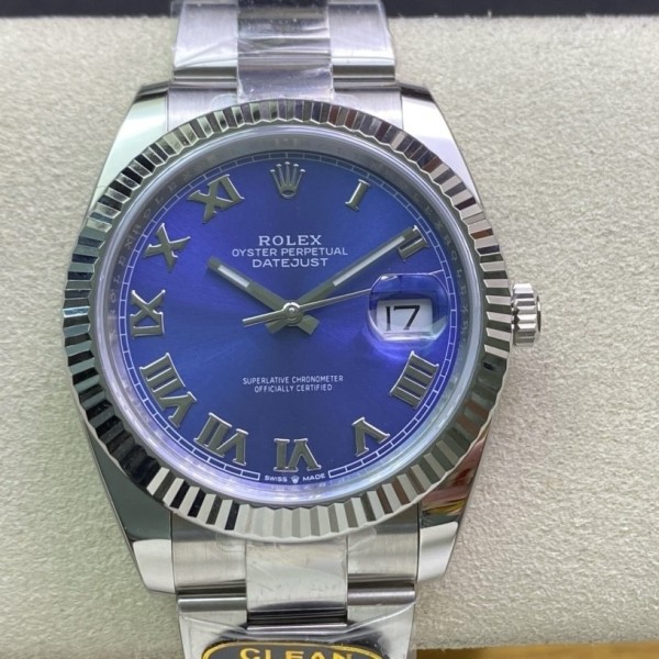 Datejust series men's watch, blue dial, silver bezel, 41mm, silver Oyster bracelet.