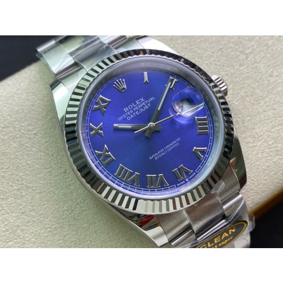 Datejust series men's watch, blue dial, silver bezel, 41mm, silver Oyster bracelet.