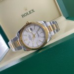Log Series men's and women's watches, white dial, gold bezel, 41mm, two-tone Oyster bracelet.