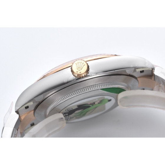 Datejust series men's and women's watch with diamond accents, pink dial, gold bezel, 41mm, two-tone Oyster bracelet.