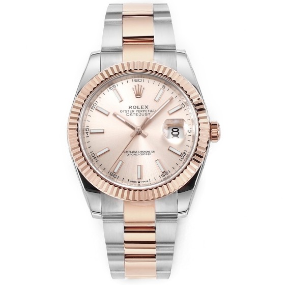 Datejust series men's watch, pink dial, rose gold bezel, 41mm, two-tone Oyster bracelet.