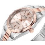 Datejust series men's watch, pink dial, rose gold bezel, 41mm, two-tone Oyster bracelet.