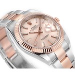 Datejust series men's watch, pink dial, rose gold bezel, 41mm, two-tone Oyster bracelet.