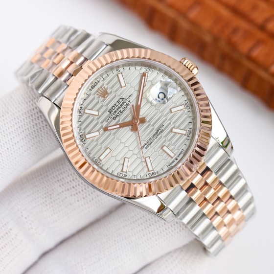 Datejust series men's watch, silver dial, rose gold bezel, 41mm, two-tone five-link bracelet.