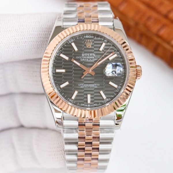 Datejust series men's watch, wave pattern dark gray dial, rose gold bezel, 41mm, two-tone five-link bracelet.