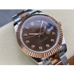 Datejust series men's watch with diamonds, chocolate-colored dial, rose gold bezel, 41mm, two-tone Oyster bracelet.