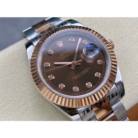 Datejust series men's watch with diamonds, chocolate-colored dial, rose gold bezel, 41mm, two-tone Oyster bracelet.