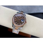 Datejust series men's watch with diamonds, chocolate-colored dial, rose gold bezel, 41mm, two-tone Oyster bracelet.