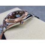 Datejust series men's watch with diamonds, chocolate-colored dial, rose gold bezel, 41mm, two-tone Oyster bracelet.