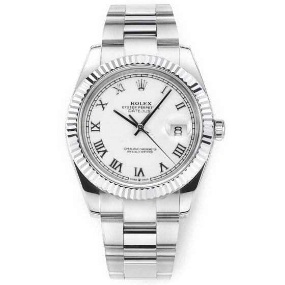 Datejust series men's watch, white dial, silver bezel, 41mm, silver Oyster bracelet.