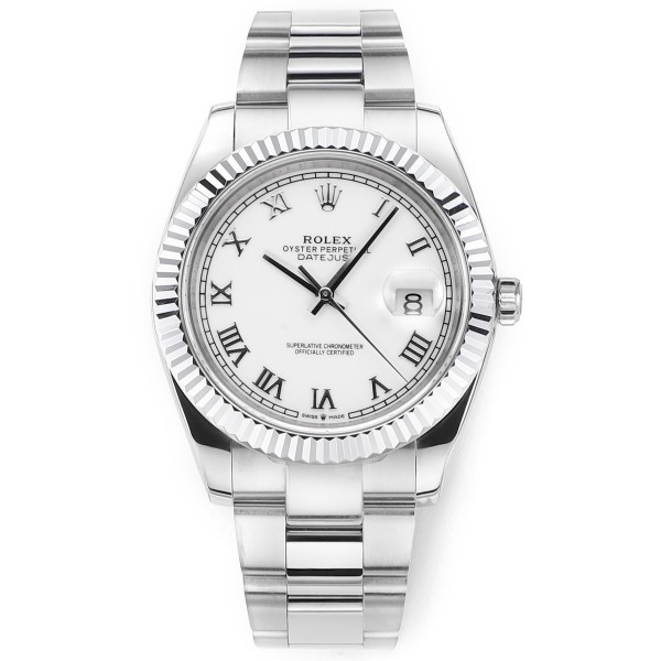 Datejust series men's watch, white dial, silver bezel, 41mm, silver Oyster bracelet.