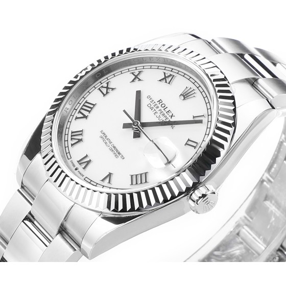 Datejust series men's watch, white dial, silver bezel, 41mm, silver Oyster bracelet.