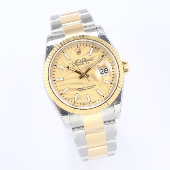Datejust series women's watch, gold dial, gold bezel, 36mm, two-tone Oyster bracelet.