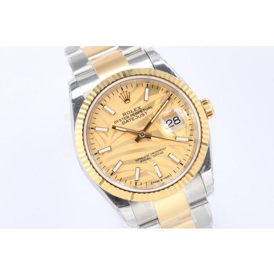 Datejust series women's watch, gold dial, gold bezel, 36mm, two-tone Oyster bracelet.