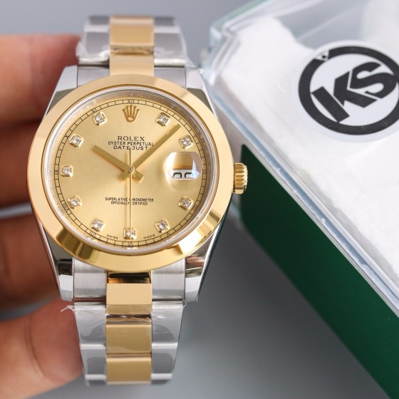 Datejust series men's watch with diamonds, gold dial, gold bezel, 41mm, two-tone Oyster bracelet.