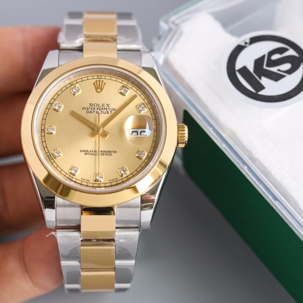 Datejust series men's watch with diamonds, gold dial, gold bezel, 41mm, two-tone Oyster bracelet.