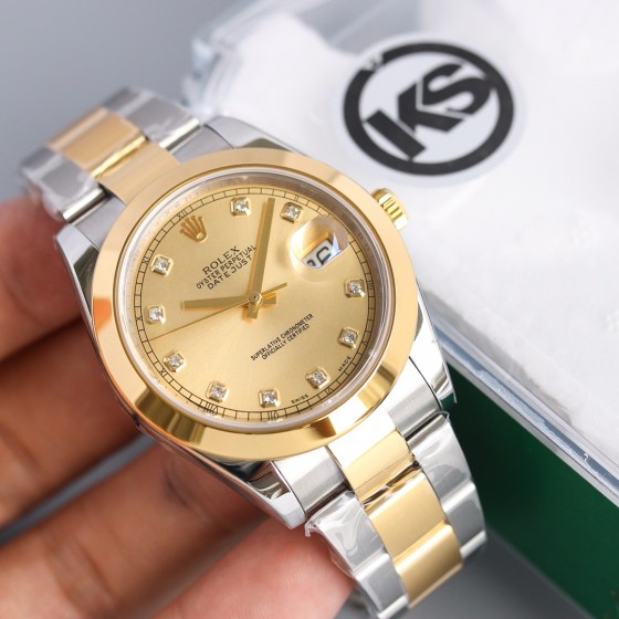 Datejust series men's watch with diamonds, gold dial, gold bezel, 41mm, two-tone Oyster bracelet.