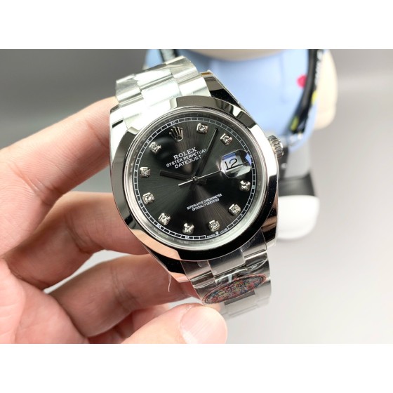 Datejust series men's watch with diamonds, black dial, silver bezel, 41mm, silver Oyster bracelet
