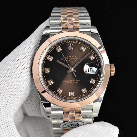 Log Series men's watch with diamonds, chocolate-colored dial, rose gold bezel, 41mm case, and two-tone five-link bracelet.
