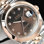 Log Series men's watch with diamonds, chocolate-colored dial, rose gold bezel, 41mm case, and two-tone five-link bracelet.