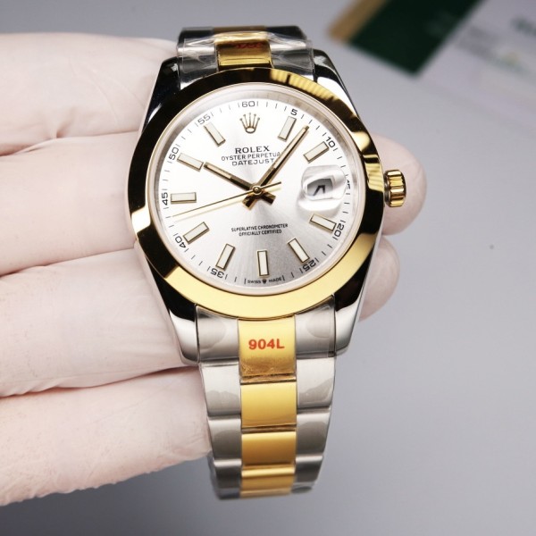 Datejust series men's watch, silver dial, gold bezel, 41mm, two-tone Oyster bracelet.