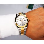 Datejust series men's watch, silver dial, gold bezel, 41mm, two-tone Oyster bracelet.